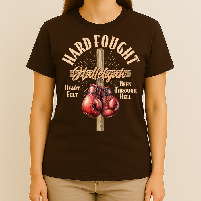 Hard Fought Hallelujah Heart Felt Been Through Hell Cross Boxing Gloves T-Shirt