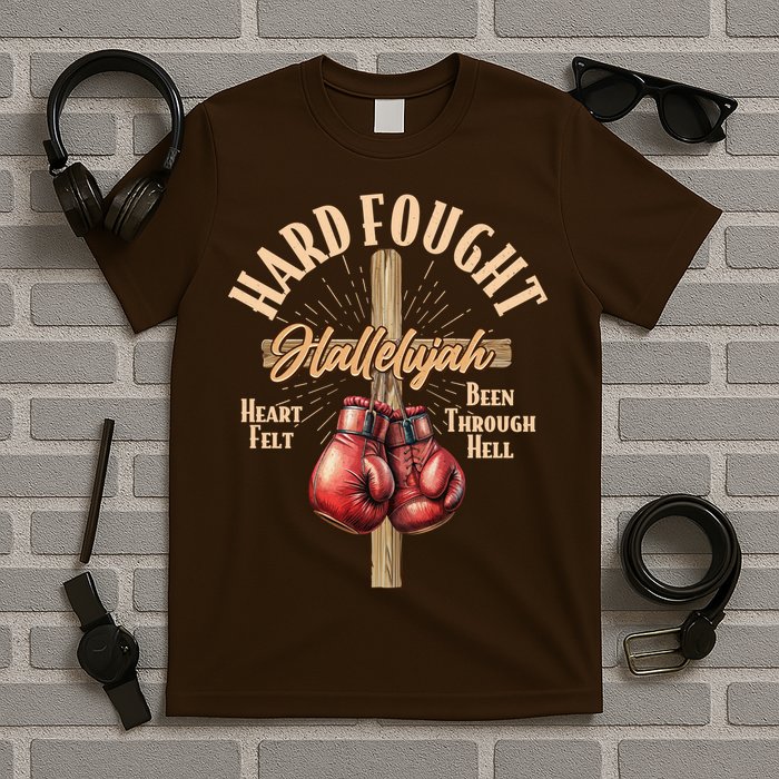 Hard Fought Hallelujah Heart Felt Been Through Hell Cross Boxing Gloves T-Shirt