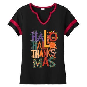 Hallothanksmas Funny Halloween Thanksgiving Christmas Ladies Halftime Notch Neck Tee