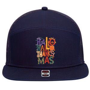 Hallothanksmas Funny Halloween Thanksgiving Christmas 7 Panel Mesh Trucker Snapback Hat