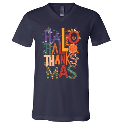 Hallothanksmas Funny Halloween Thanksgiving Christmas V-Neck T-Shirt