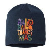 Hallothanksmas Funny Halloween Thanksgiving Christmas Sustainable Beanie