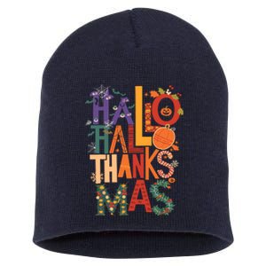 Hallothanksmas Funny Halloween Thanksgiving Christmas Short Acrylic Beanie