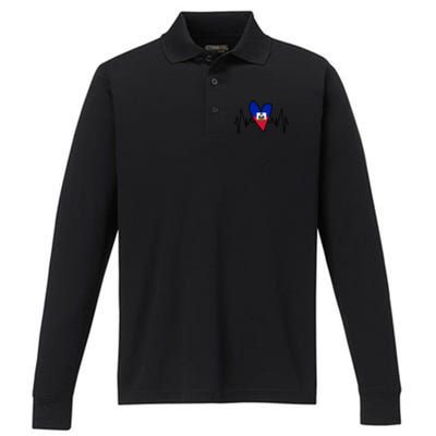 Haitian Flag Heartbeat Ekg Heart Gift Performance Long Sleeve Polo