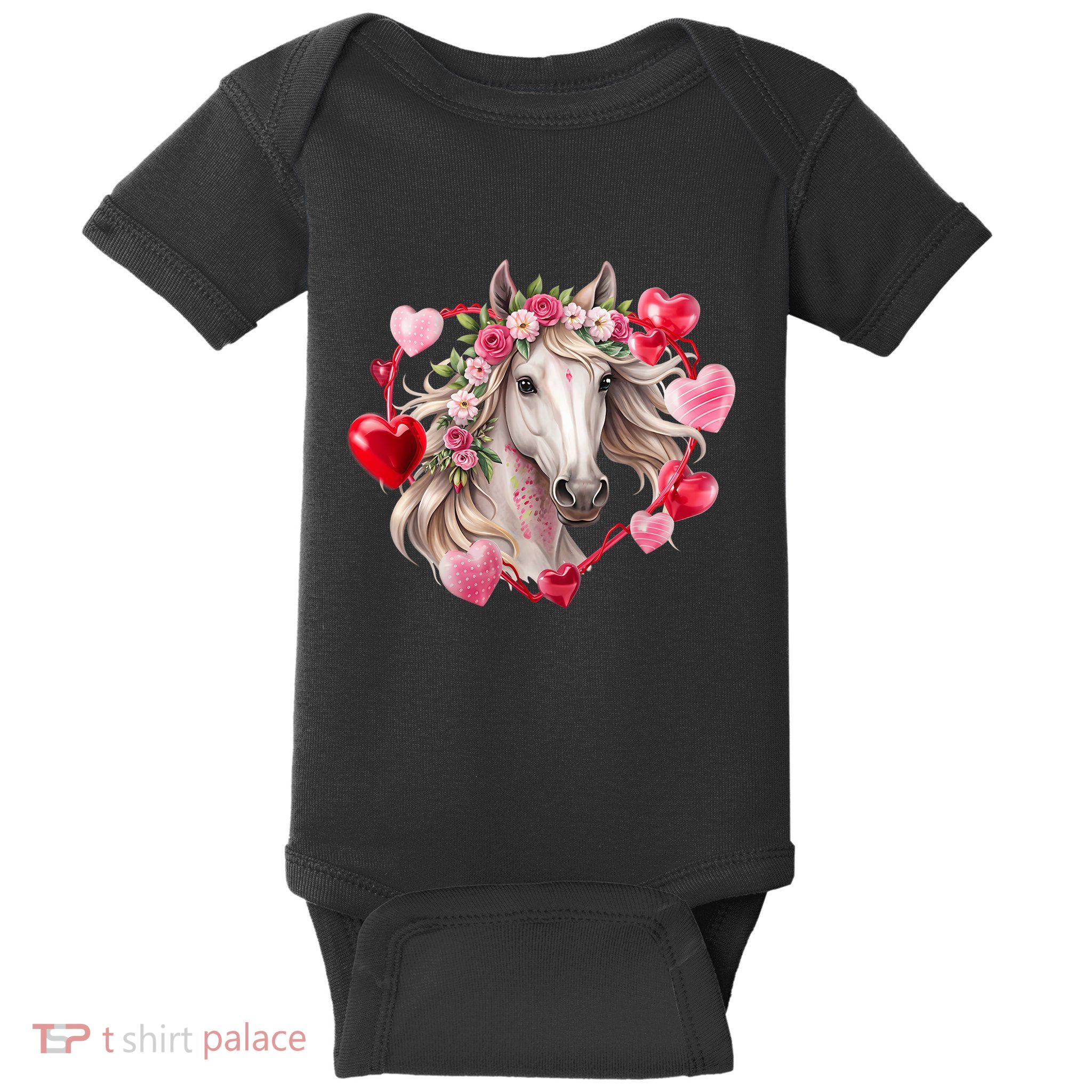 Horse Flowers Hearts Happy ValentineS Day Equestrian Baby Bodysuit