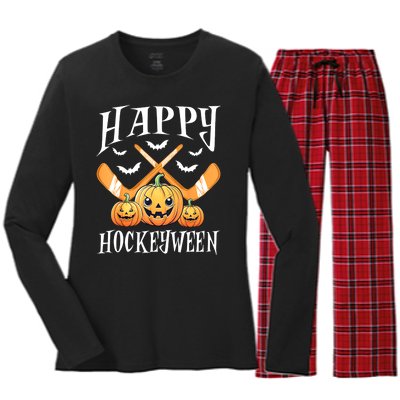 Happy Funny Hockeyween Pumpkin Hockey Lovers Gift Women's Long Sleeve Flannel Pajama Set 