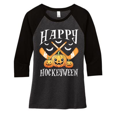 Happy Funny Hockeyween Pumpkin Hockey Lovers Gift Women's Tri-Blend 3/4-Sleeve Raglan Shirt