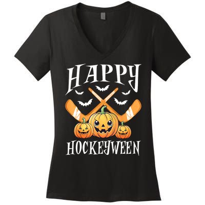 Happy Funny Hockeyween Pumpkin Hockey Lovers Gift Women's V-Neck T-Shirt