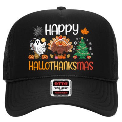 Hallothanksmas Funny Halloween Thanksgiving Christmas High Crown Mesh Back Trucker Hat