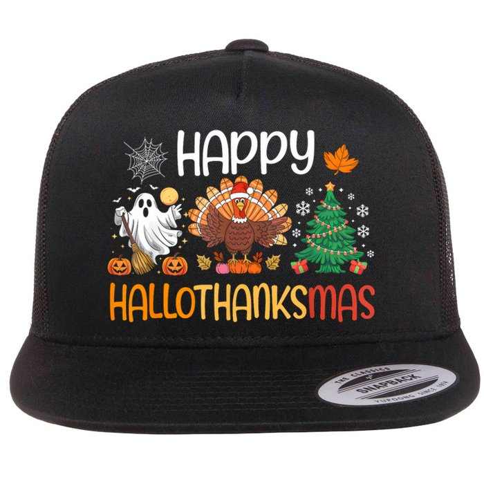 Hallothanksmas Funny Halloween Thanksgiving Christmas Flat Bill Trucker Hat