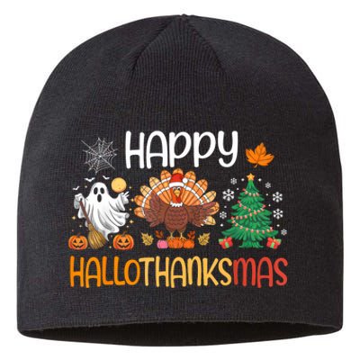 Hallothanksmas Funny Halloween Thanksgiving Christmas Sustainable Beanie