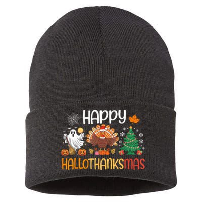 Hallothanksmas Funny Halloween Thanksgiving Christmas Sustainable Knit Beanie