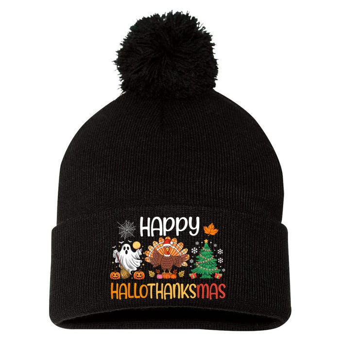 Hallothanksmas Funny Halloween Thanksgiving Christmas Pom Pom 12in Knit Beanie