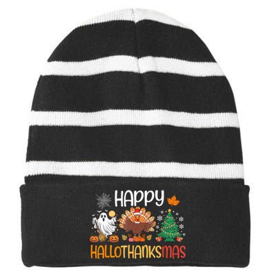 Hallothanksmas Funny Halloween Thanksgiving Christmas Striped Beanie with Solid Band