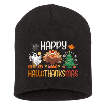 Hallothanksmas Funny Halloween Thanksgiving Christmas Short Acrylic Beanie