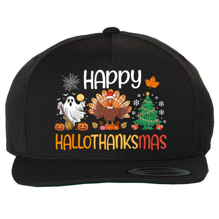 Hallothanksmas Funny Halloween Thanksgiving Christmas Wool Snapback Cap