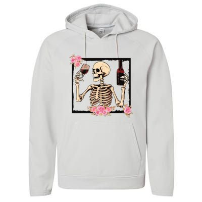 Halloween Funny Hallowine Floral Skeleton Drinking Wine Performance Fleece Hoodie