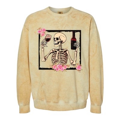 Halloween Funny Hallowine Floral Skeleton Drinking Wine Colorblast Crewneck Sweatshirt