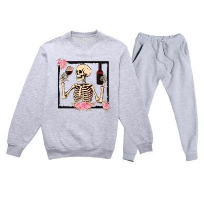 Halloween Funny Hallowine Floral Skeleton Drinking Wine Premium Crewneck Sweatsuit Set