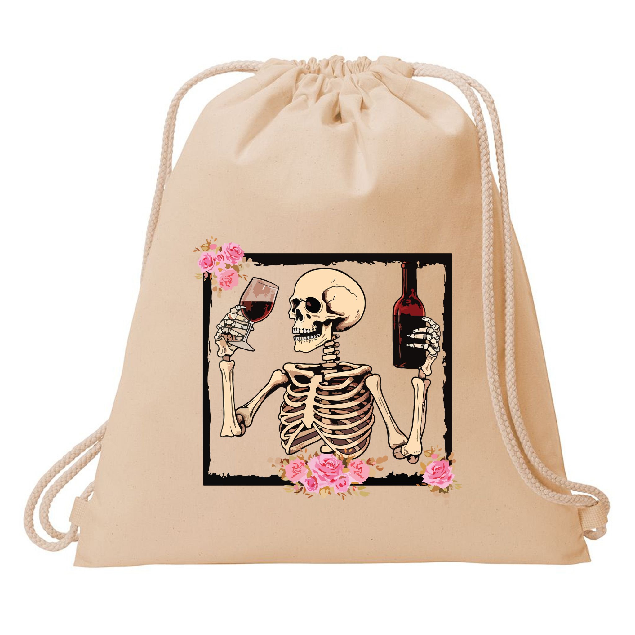 Halloween Funny Hallowine Floral Skeleton Drinking Wine Drawstring Bag