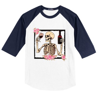 Halloween Funny Hallowine Floral Skeleton Drinking Wine Baseball Sleeve Shirt