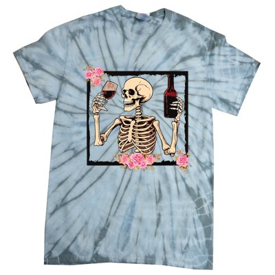 Halloween Funny Hallowine Floral Skeleton Drinking Wine Tie-Dye T-Shirt