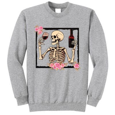 Halloween Funny Hallowine Floral Skeleton Drinking Wine Tall Sweatshirt