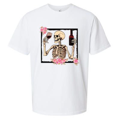 Halloween Funny Hallowine Floral Skeleton Drinking Wine Sueded Cloud Jersey T-Shirt