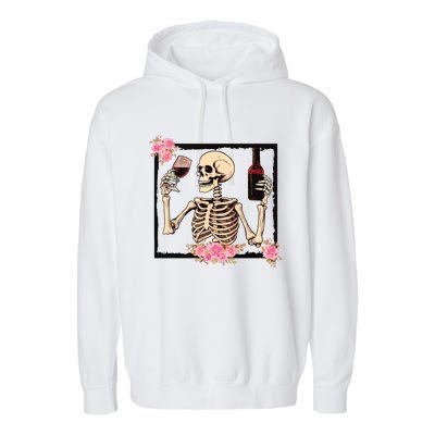 Halloween Funny Hallowine Floral Skeleton Drinking Wine Garment-Dyed Fleece Hoodie