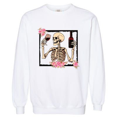 Halloween Funny Hallowine Floral Skeleton Drinking Wine Garment-Dyed Sweatshirt