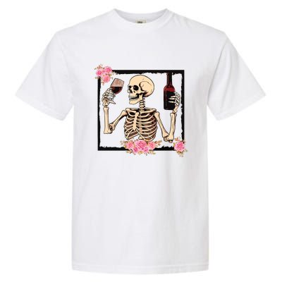 Halloween Funny Hallowine Floral Skeleton Drinking Wine Garment-Dyed Heavyweight T-Shirt