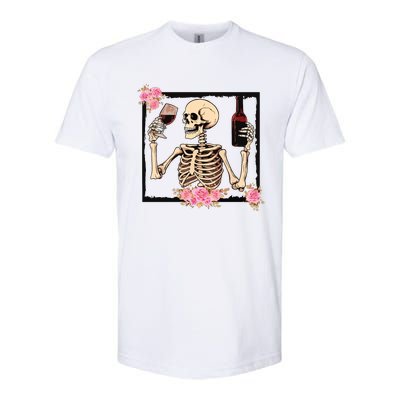 Halloween Funny Hallowine Floral Skeleton Drinking Wine Softstyle CVC T-Shirt