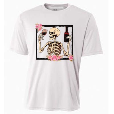 Halloween Funny Hallowine Floral Skeleton Drinking Wine Cooling Performance Crew T-Shirt