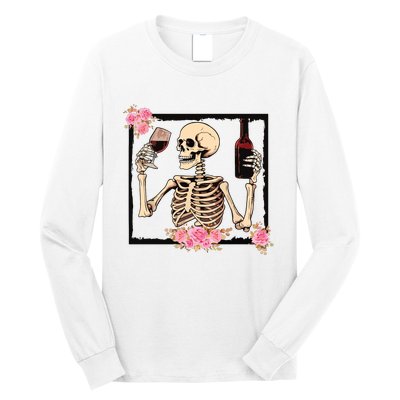 Halloween Funny Hallowine Floral Skeleton Drinking Wine Long Sleeve Shirt