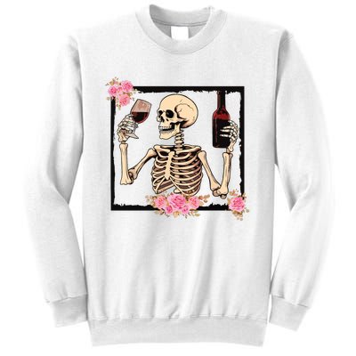 Halloween Funny Hallowine Floral Skeleton Drinking Wine Sweatshirt