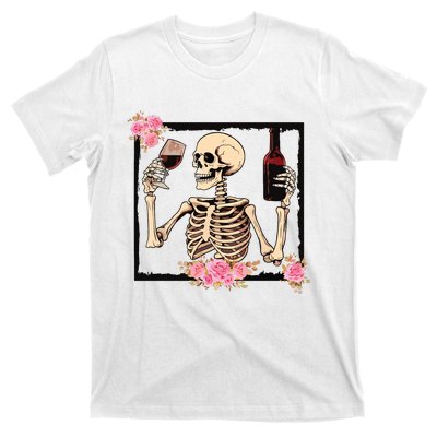 Halloween Funny Hallowine Floral Skeleton Drinking Wine T-Shirt