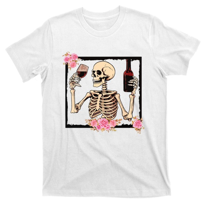 Halloween Funny Hallowine Floral Skeleton Drinking Wine T-Shirt