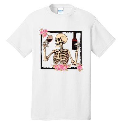 Halloween Funny Hallowine Floral Skeleton Drinking Wine Tall T-Shirt