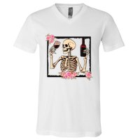 Halloween Funny Hallowine Floral Skeleton Drinking Wine V-Neck T-Shirt