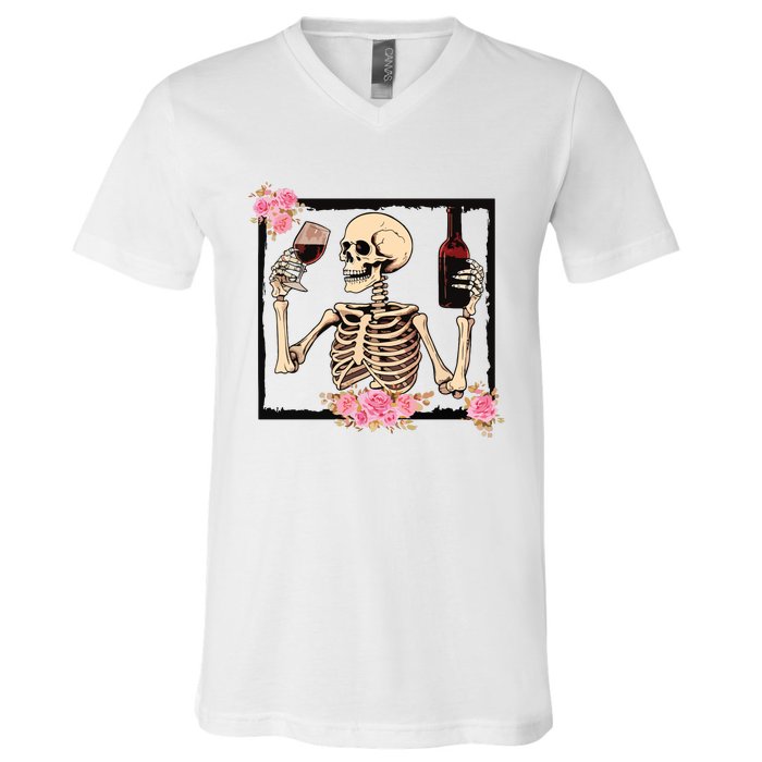 Halloween Funny Hallowine Floral Skeleton Drinking Wine V-Neck T-Shirt