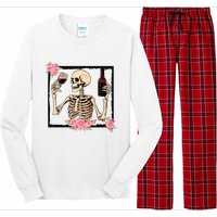 Halloween Funny Hallowine Floral Skeleton Drinking Wine Long Sleeve Pajama Set