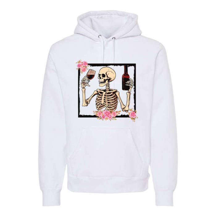 Halloween Funny Hallowine Floral Skeleton Drinking Wine Premium Hoodie