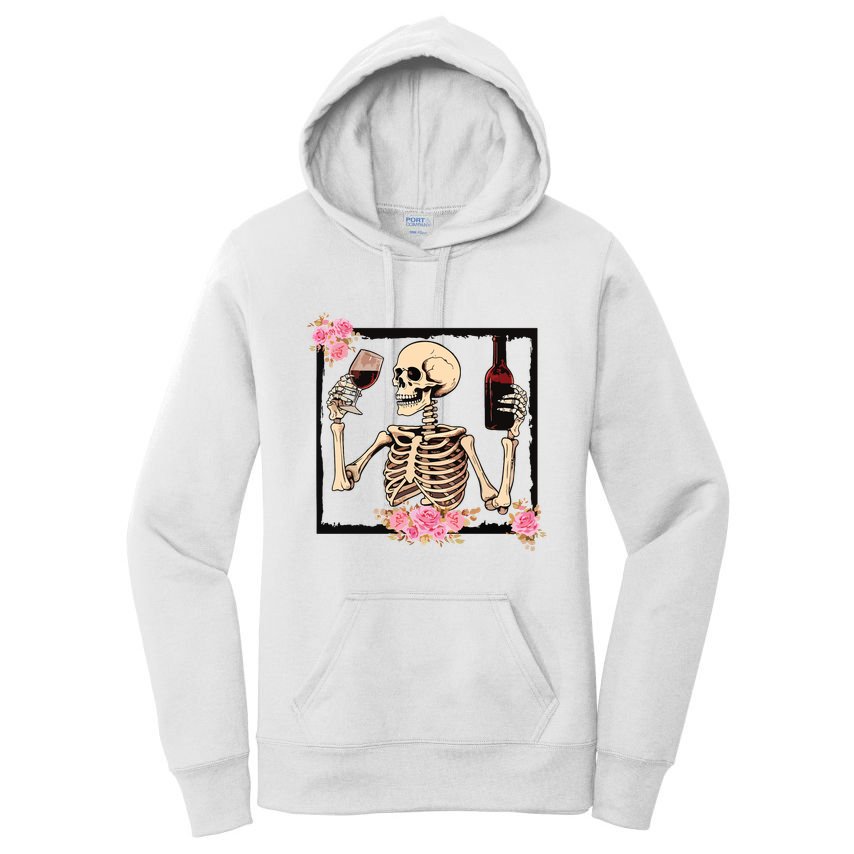 Halloween Funny Hallowine Floral Skeleton Drinking Wine Women's Pullover Hoodie