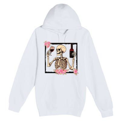 Halloween Funny Hallowine Floral Skeleton Drinking Wine Premium Pullover Hoodie