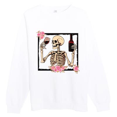 Halloween Funny Hallowine Floral Skeleton Drinking Wine Premium Crewneck Sweatshirt