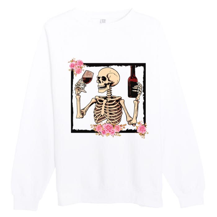 Halloween Funny Hallowine Floral Skeleton Drinking Wine Premium Crewneck Sweatshirt