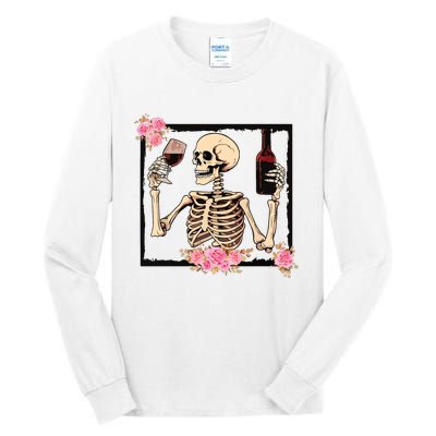 Halloween Funny Hallowine Floral Skeleton Drinking Wine Tall Long Sleeve T-Shirt