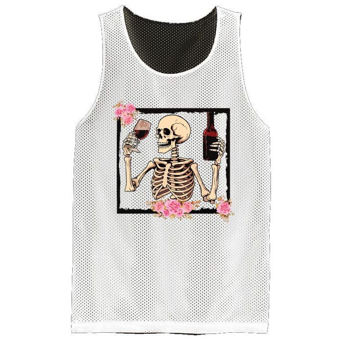 Halloween Funny Hallowine Floral Skeleton Drinking Wine Mesh Reversible Basketball Jersey Tank