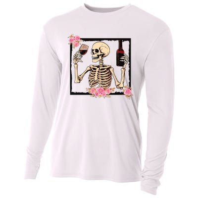 Halloween Funny Hallowine Floral Skeleton Drinking Wine Cooling Performance Long Sleeve Crew