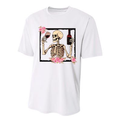 Halloween Funny Hallowine Floral Skeleton Drinking Wine Performance Sprint T-Shirt